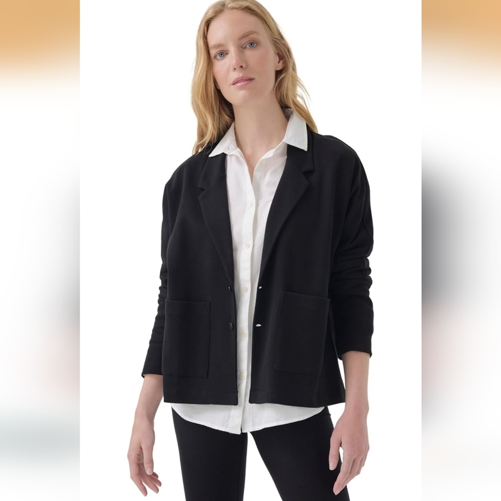 PACT Airplane Relaxed Blazer Women M Black Pockets Organic Cotton Comfort Travel